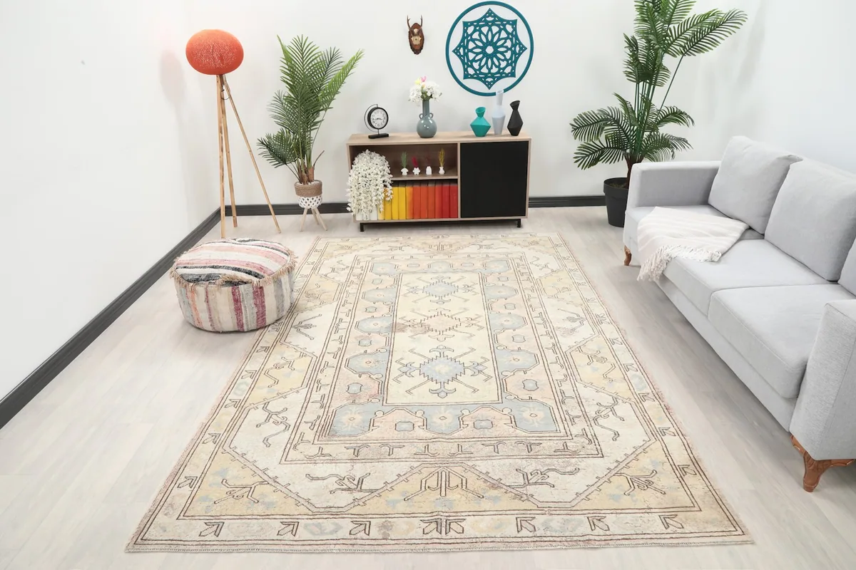 Vintage cream and blue geometric area rug in a modern living room setting with a light gray couch and plants.