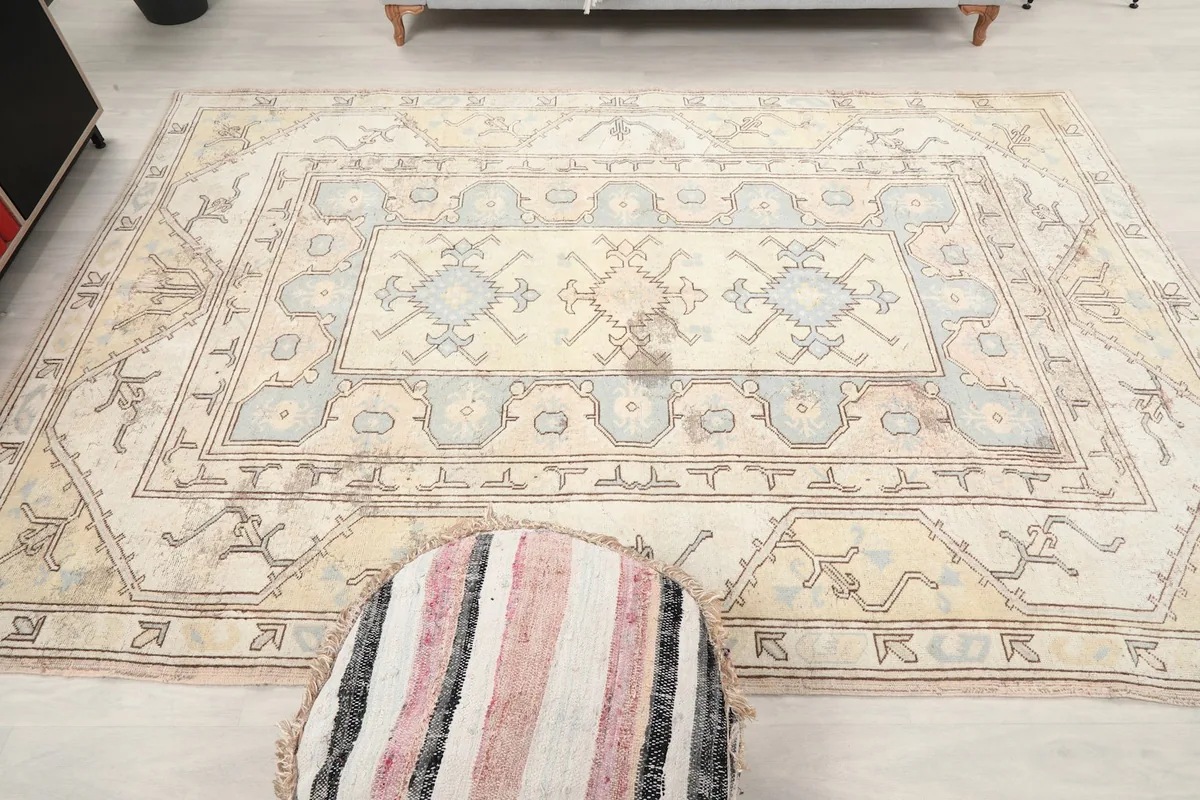 Direct overhead view of the rug, displaying the full geometric pattern and color distribution from above.