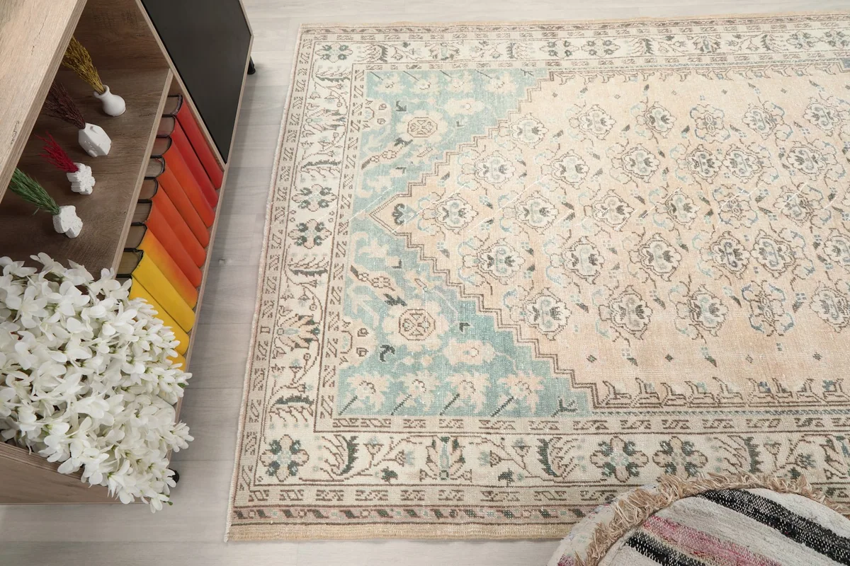 Angled view highlighting the rug's overall pattern and its placement in a room