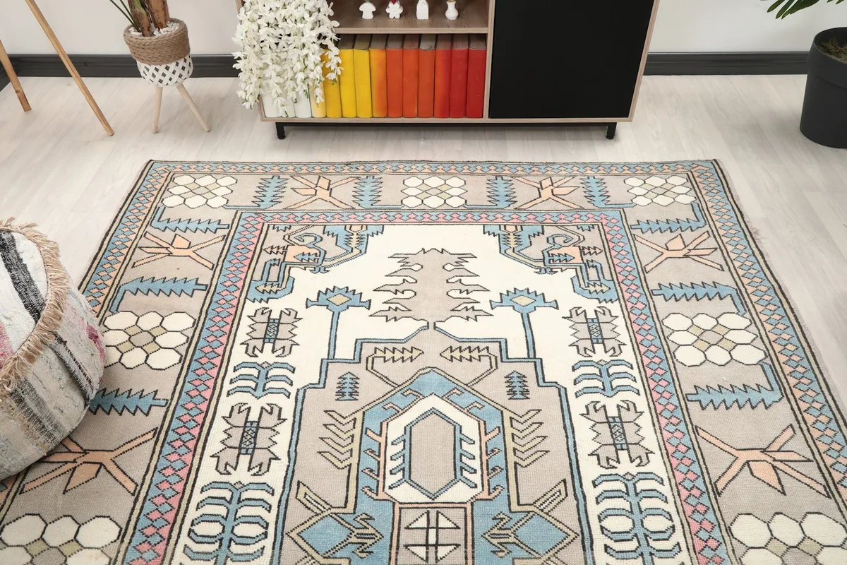 Wide angle view of the rug laid out in a contemporary living space, complementing the decor