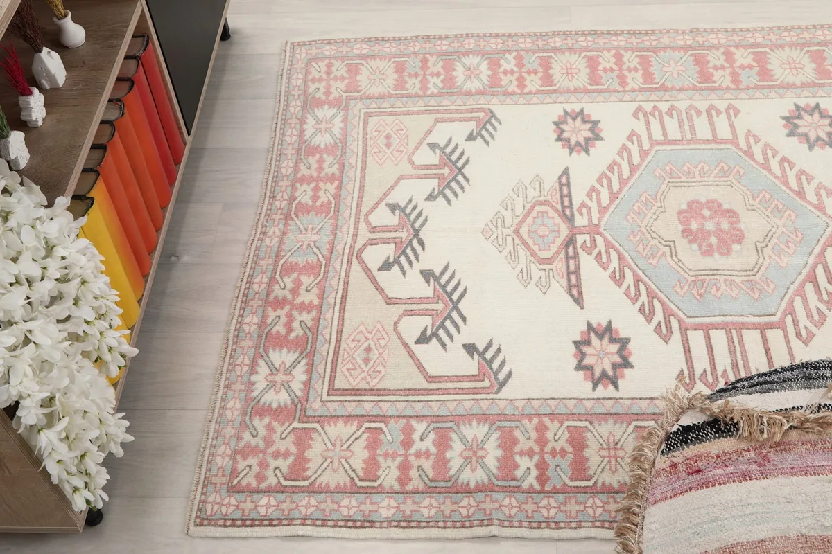 Angled overhead view of the rug, capturing the full design and color palette