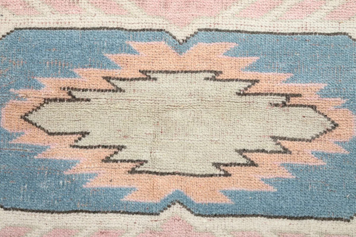 Detailed shot of the central rectangular motif in blue, orange, and cream with a textured appearance.