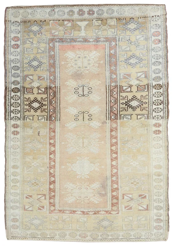 Faded Rose Tribal Anatolian Rug full top view showing the central faded rose panel and geometric patterns.