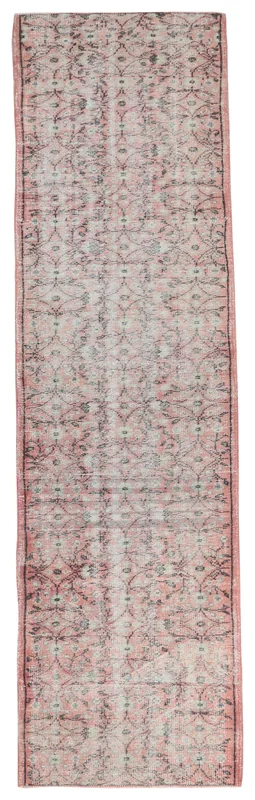 Full overhead view of the 2'10" x 11'11" rose floral vintage Anatolian runner rug on a white background.