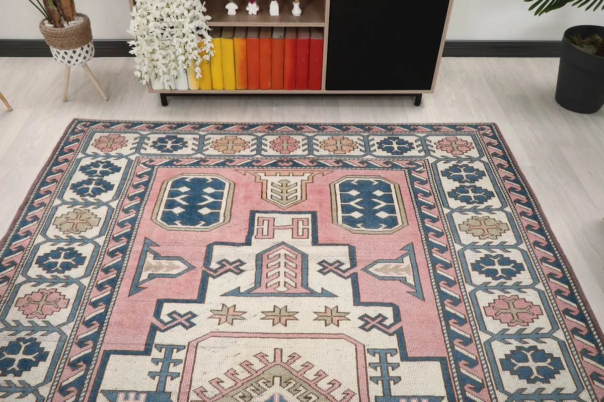 Overhead angle shot of the vintage rug, showing its placement in a room