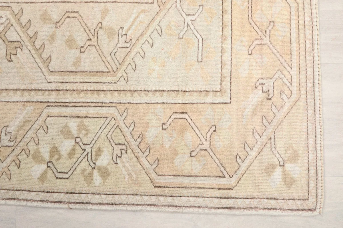 Detailed view of the corner border design with tan and beige patterns