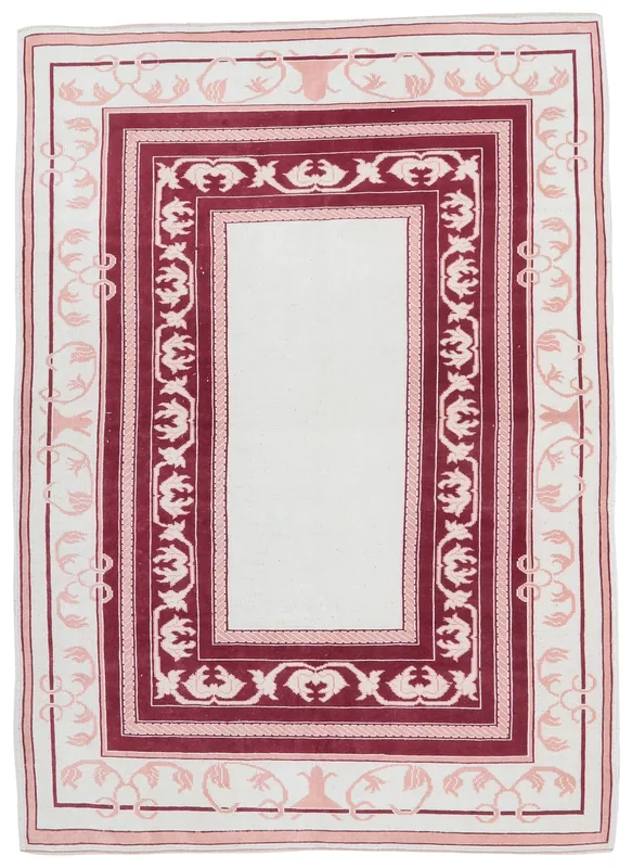 Full top view of the ivory, red, and rose hand-knotted vintage Anatolian rug