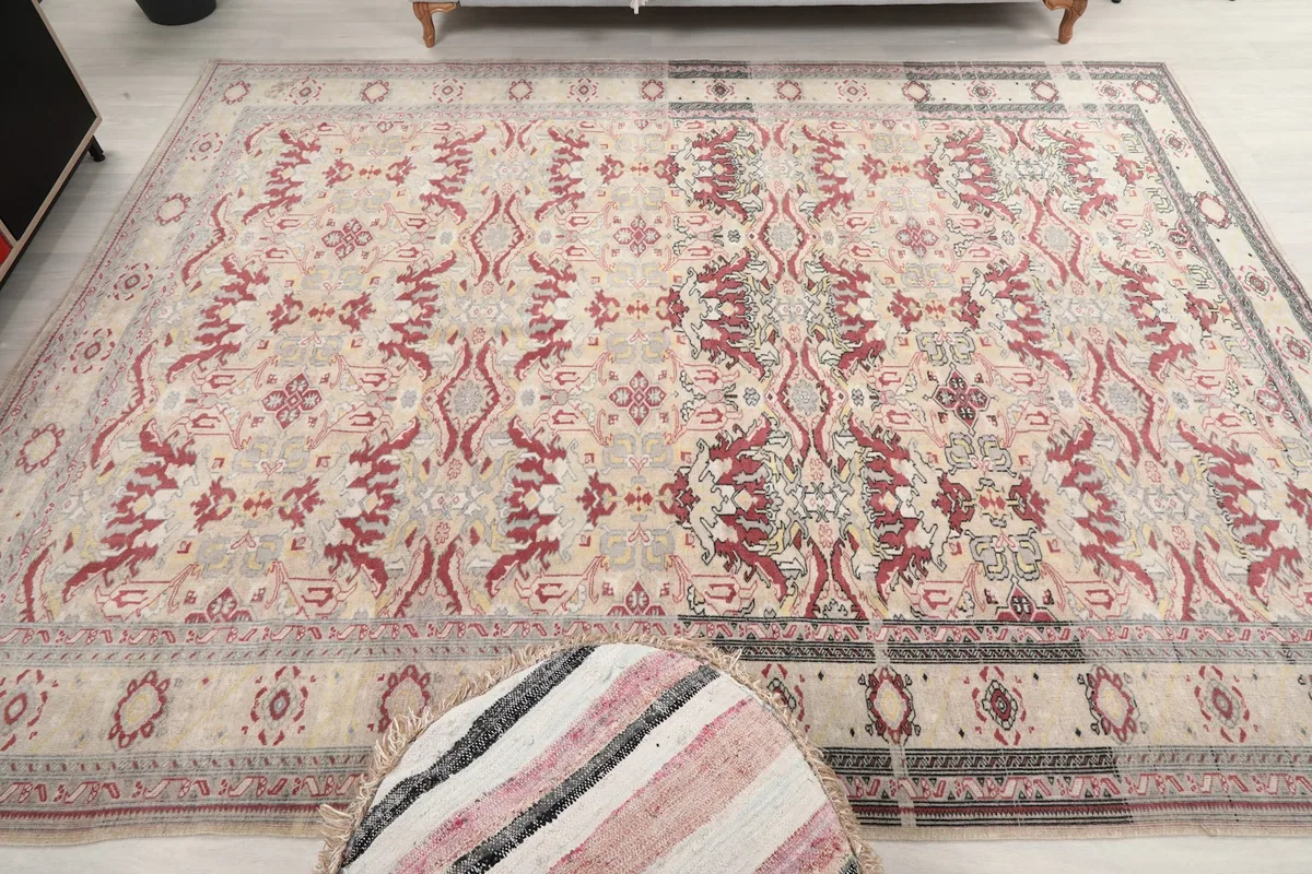 Overhead view from a slightly elevated position, showing the full pattern of the rug