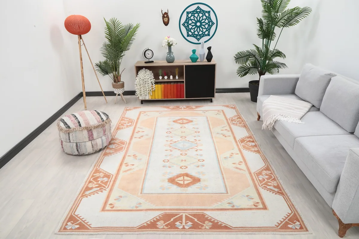 Vintage Anatolian rug displayed in a living room setting with a sofa and plants