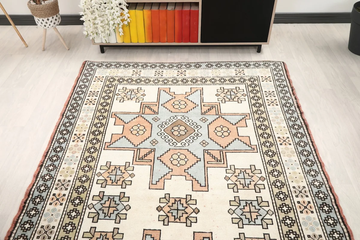 Overhead view of the rug's top half, showing the main central design