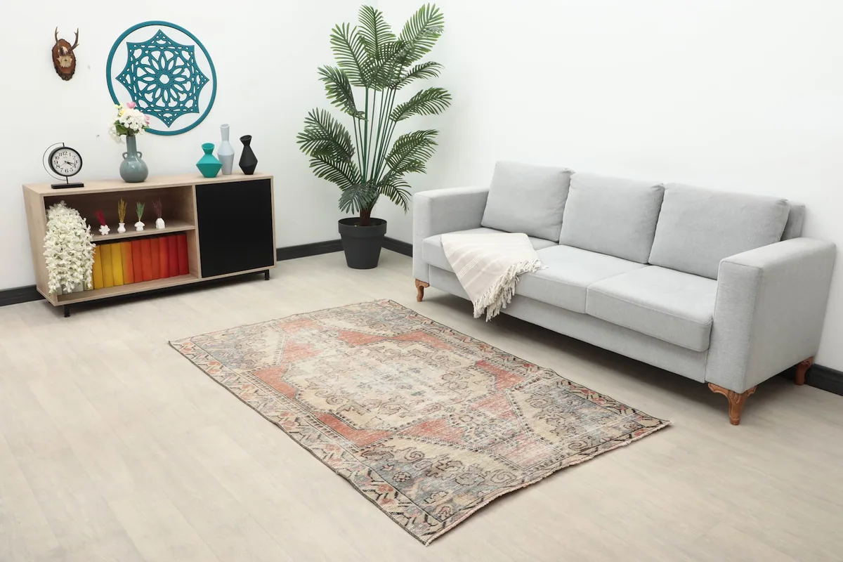 The small area rug placed in a living room setting with a gray sofa and wooden cabinet