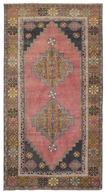 Full overhead view of the 4x7 rose tribal medallion rug on a white background