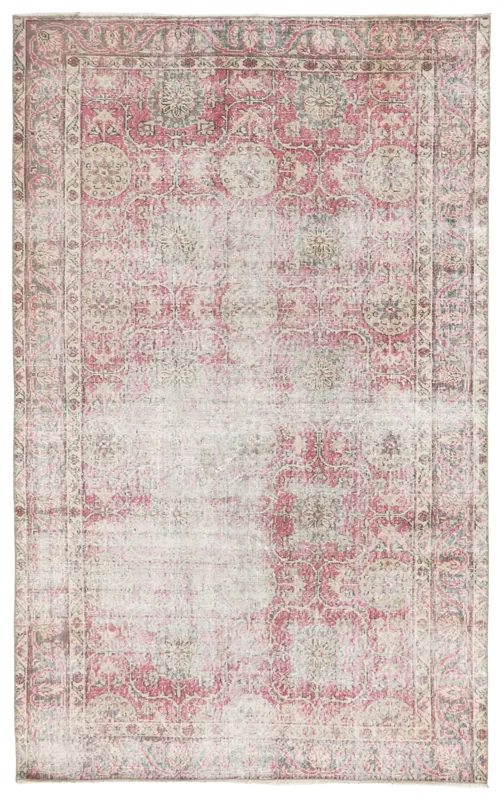Full top view of the vintage Anatolian rug with rose, beige, and gray floral patterns