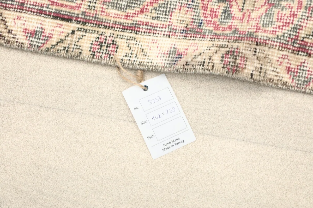 Product tag attached to the rug, indicating it is hand-made in Turkey
