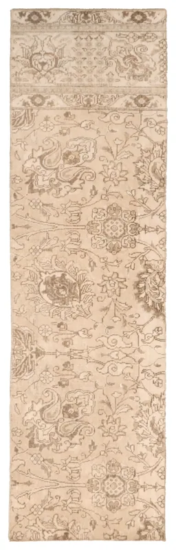 Full top view of the 2'2" x 10'11" vintage Anatolian runner on a white background, showing its beige and brown colors.