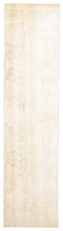 Full top view of the 2'4" x 9'7" beige Anatolian vintage runner rug with faded geometric patterns