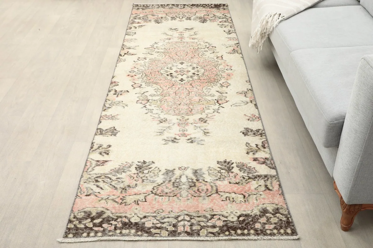 Runner rug displayed in a living room setting next to a sofa