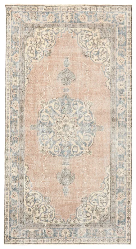 Full overhead view of the 4x7 rose and blue vintage Anatolian rug