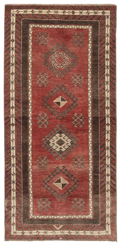Full top view of a vintage red Anatolian rug with geometric motifs and a brown and beige border.