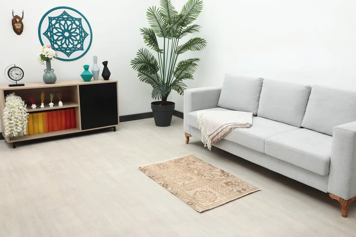 Vintage beige and brown rug styled in a living room setting next to a sofa