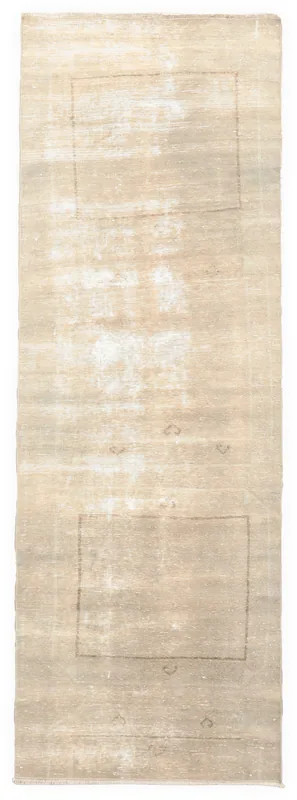 Full top view of the beige geometric Anatolian runner rug on a white background