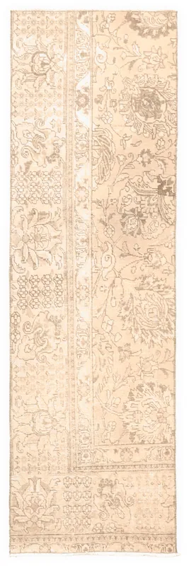 Full top view of the 2'4" x 7'9" beige vintage Anatolian runner rug on a white background.