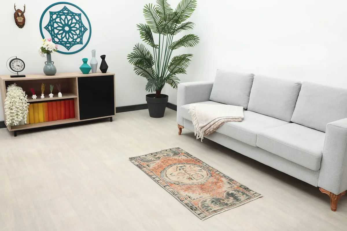 Rust and ivory vintage rug placed in a modern living room setting