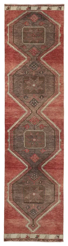 Full top view of the 2'11" x 12'0" rust and brown geometric vintage runner