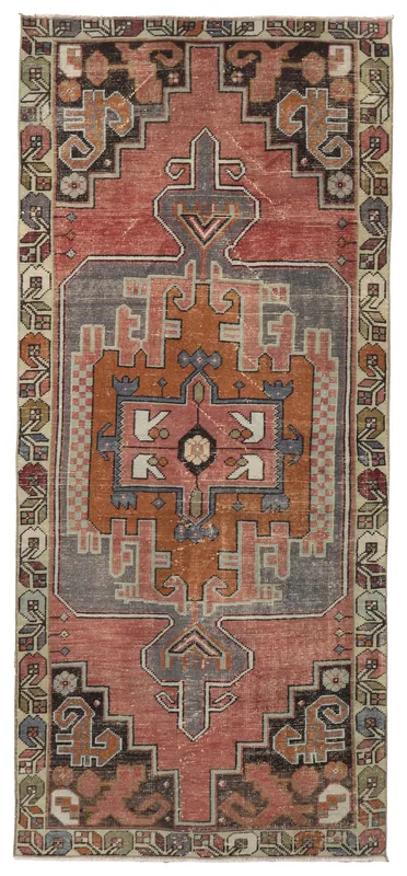 Full top view of the 4x9 vintage Anatolian runner rug with rose field and tribal medallion
