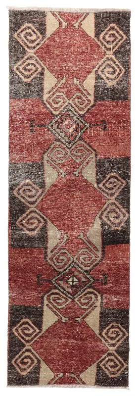 Full top view of the vintage Anatolian runner with red, brown, and beige geometric patterns