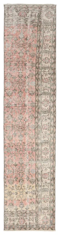 Full overhead view of the 2'3" x 10'4" vintage Anatolian runner rug with a rose field and gray border.