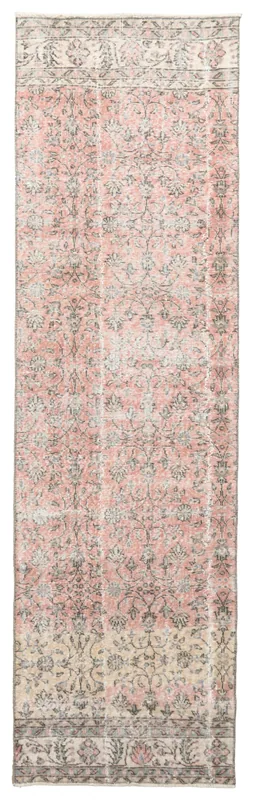 Full overhead view of the 2'11" x 10'4" pink and beige vintage Anatolian runner rug