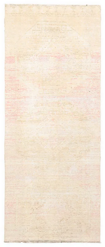 Full top view of the 2'11" x 7'3" cream and rose vintage Anatolian runner