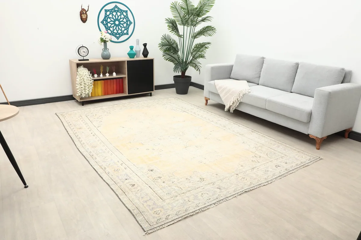 Angle view of the cream and gray vintage rug in a living space with a sofa and storage unit
