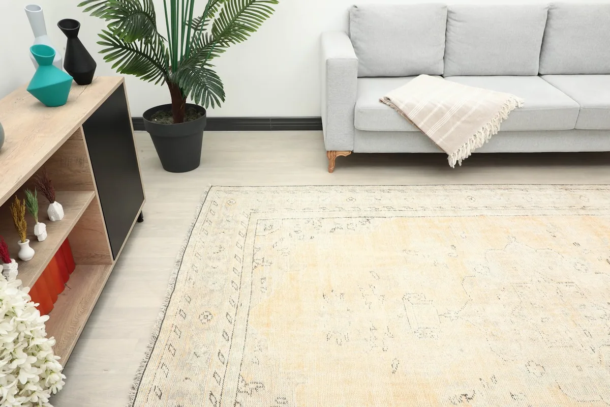Wide shot of the rug in a room, highlighting its size and how it complements the decor