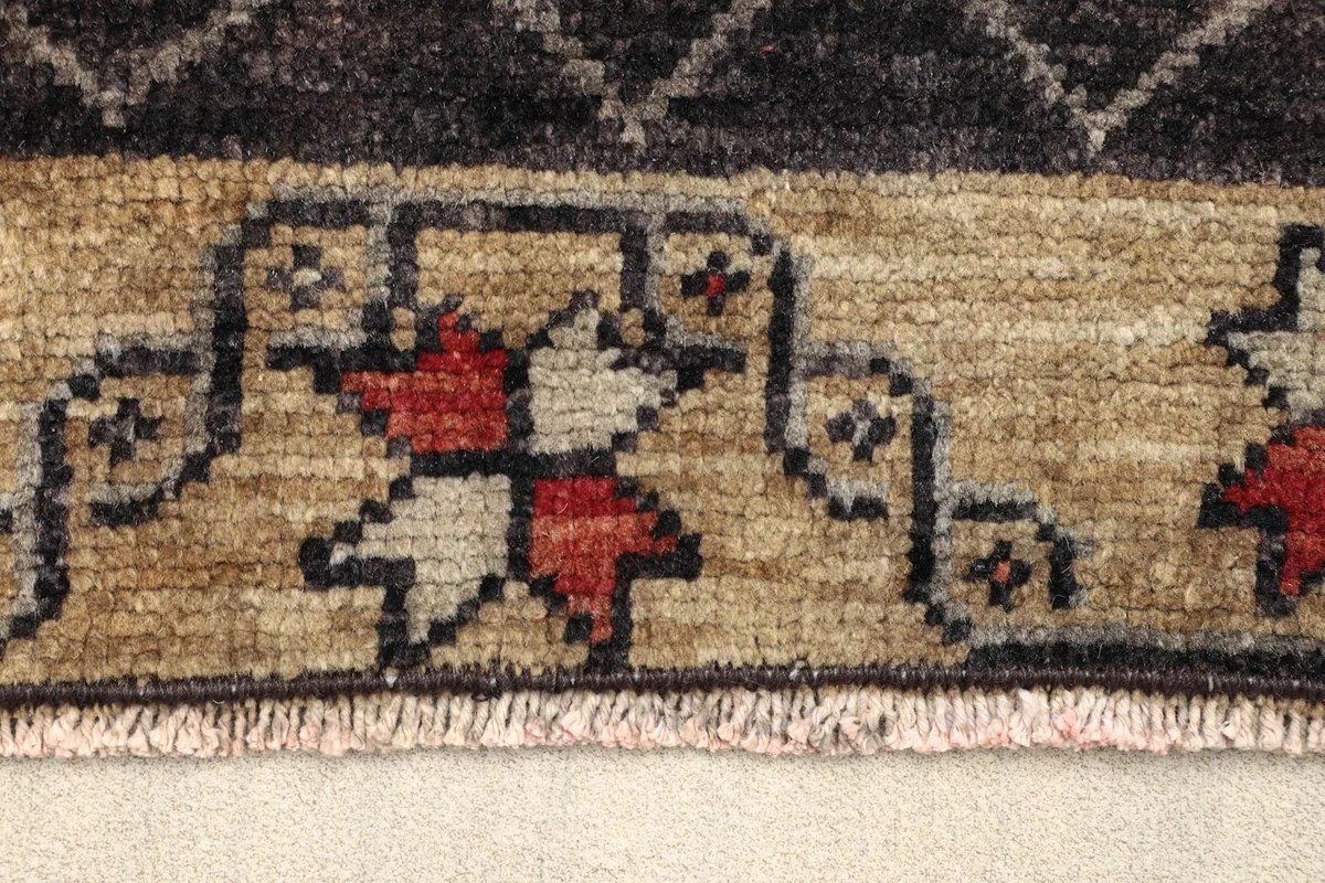 Close-up view of the tan border with red and beige floral motifs and short fringe