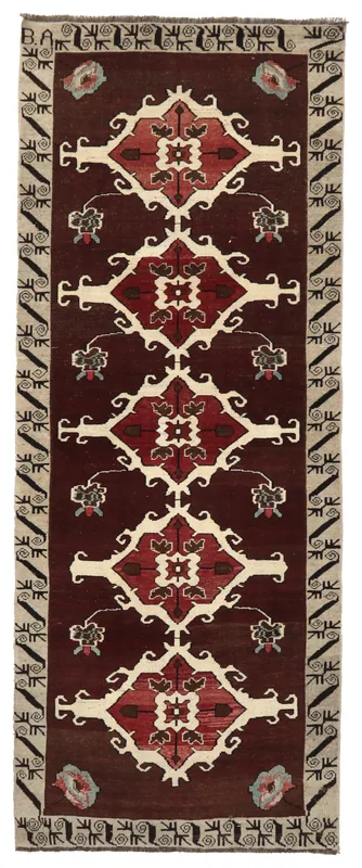 Full overhead view of the 3'9" x 9'9" vintage red tribal Anatolian runner