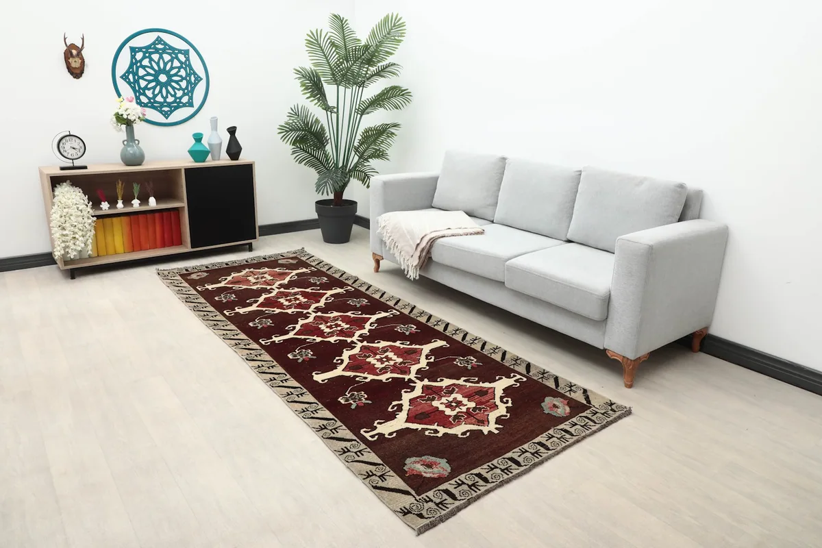 Anatolian runner rug in a living space with modern furniture and decor
