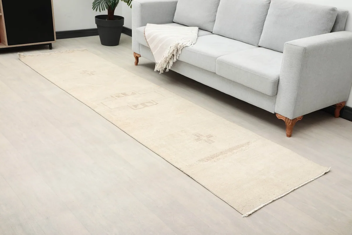 Overhead angle of the runner rug extending along the floor in a modern room setting