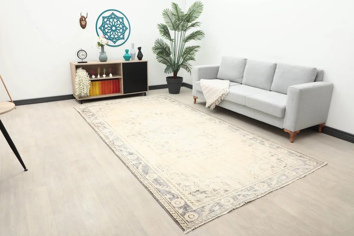 Wide angle view of the ivory and gray rug in a modern living space with a sofa and side table