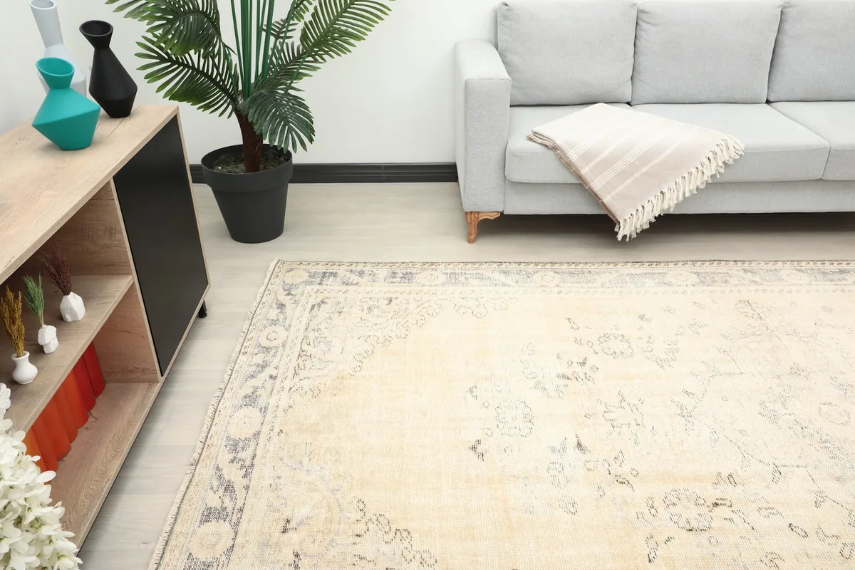Overhead view of the rug in a living room, highlighting its placement next to a sofa