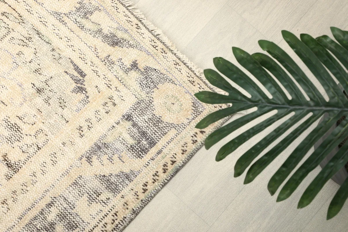 Close-up of the gray border design with geometric motifs and a green plant in the foreground