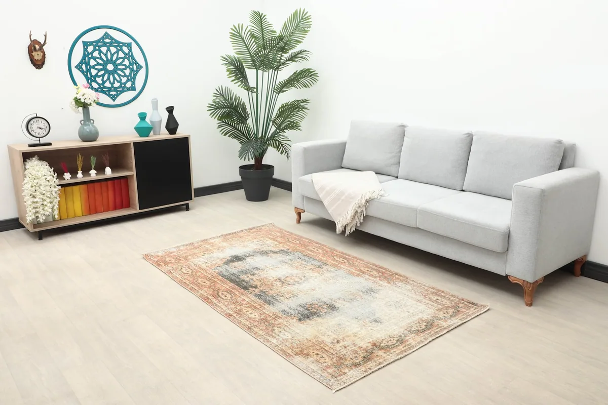 The 4x7 vintage rug placed in a modern living room setting with a light gray sofa and decor.