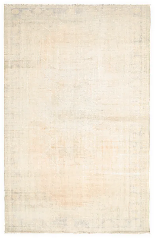 Full top view of the cream vintage Anatolian area rug with subtle blue and gold faded patterns