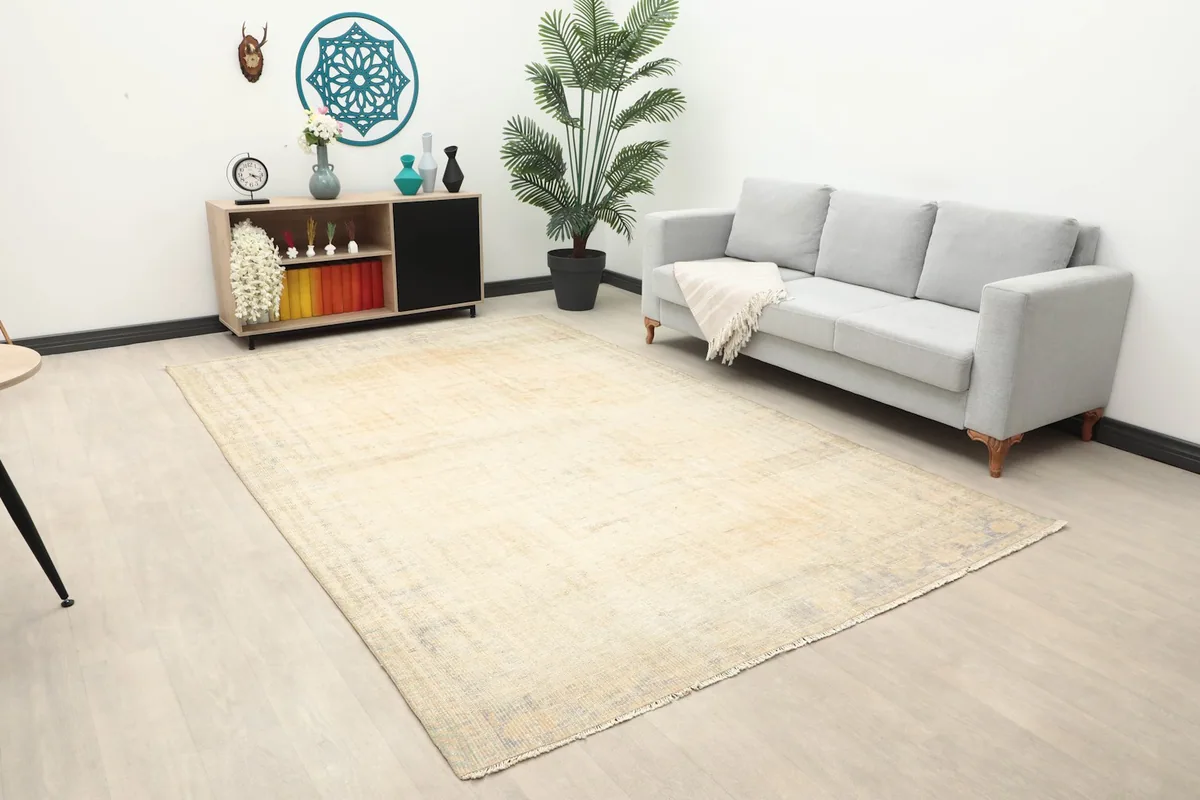 Cream area rug in a wider living room view, showing its scale and light colors