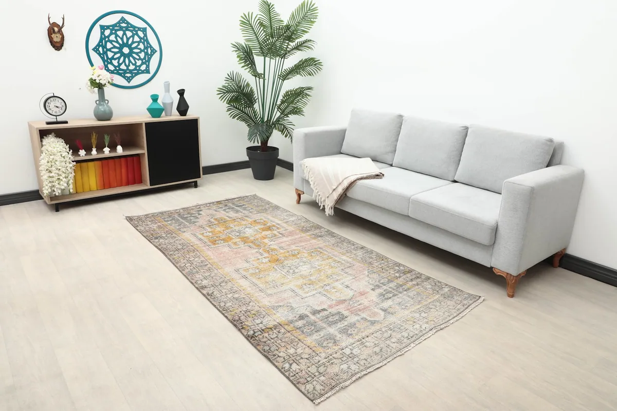 The 4'1" x 8'0" rug placed in a living room setting with a gray sofa and modern decor.