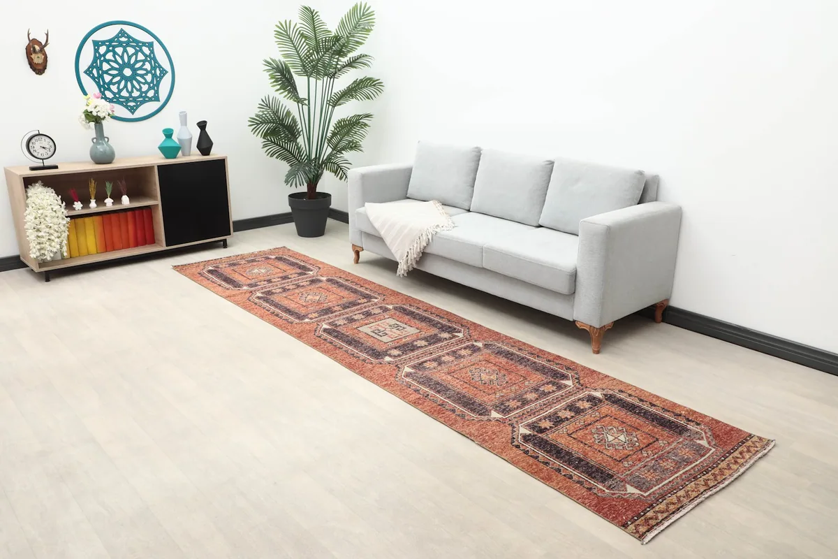 Runner rug displayed in a living room setting with a sofa and decor.
