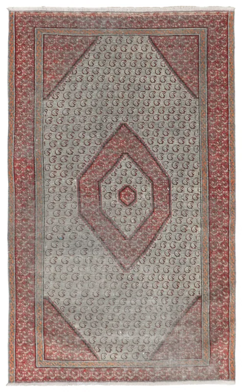 Full top view of the vintage gray and rust geometric Anatolian rug