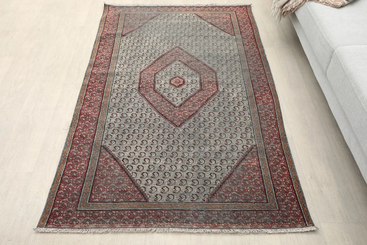 Vintage gray and rust rug placed on a light floor next to a couch
