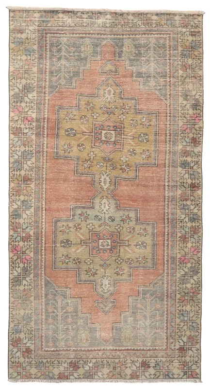 Full top view of the hand-knotted vintage Anatolian rug with a rust field and gold medallion
